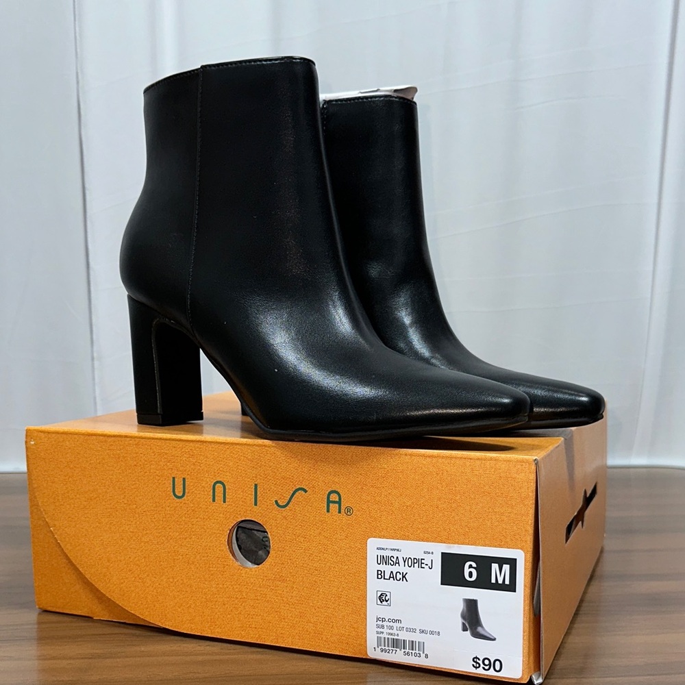 Unisa Black Pointed Toe Ankle Boots with Block Heel